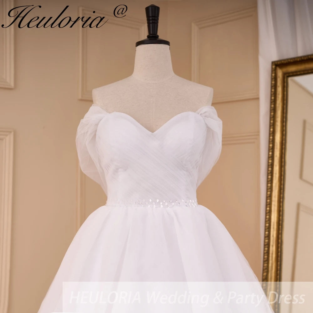 HEULORIA Boho A line Wedding Dress off shoulde beading belt bride dress tulle lace up back plus size AL-818