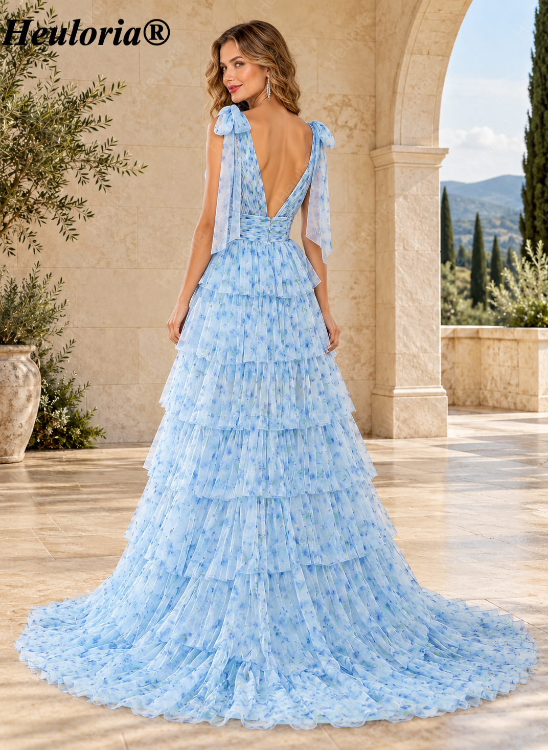 HEULORIA Light Blue Floral Print Tiered Chiffon A-Line Evening Dress with Tie-Shoulder Bows ED-580