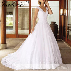 Princess Wedding Dress v neck lace bride dress plus size robe de mariee Lace beading Wedding Bridal Gown BA-858