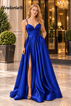 HEULORIA Royal Blue Sweetheart Satin A-Line Prom Dress with High Slit ED-23