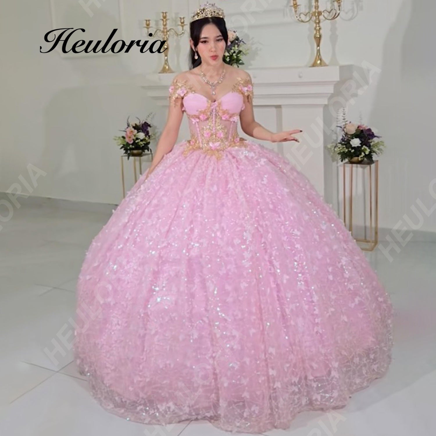 HEULORIA Enchanting Pink 3D Butterfly & Gold Lace Quinceañera Ball Gown - Illusion Corset Prom Dress BA-413