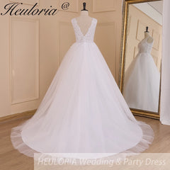 HEULORIA Women's lace beading V neck sleeveless wedding dress A line Robe De Mariee Wedding Bride Dress AL-625
