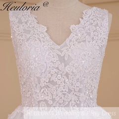 HEULORIA Women's lace beading V neck sleeveless wedding dress A line Robe De Mariee Wedding Bride Dress AL-625