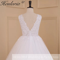 HEULORIA Women's lace beading V neck sleeveless wedding dress A line Robe De Mariee Wedding Bride Dress AL-625