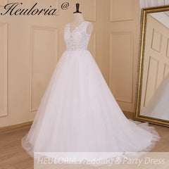 HEULORIA Women's lace beading V neck sleeveless wedding dress A line Robe De Mariee Wedding Bride Dress AL-625
