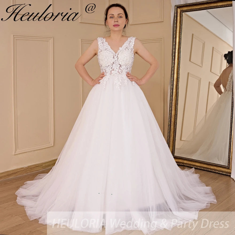 HEULORIA Women's lace beading V neck sleeveless wedding dress Robe De Mariee Wedding Bride Dress AL-688 Main image