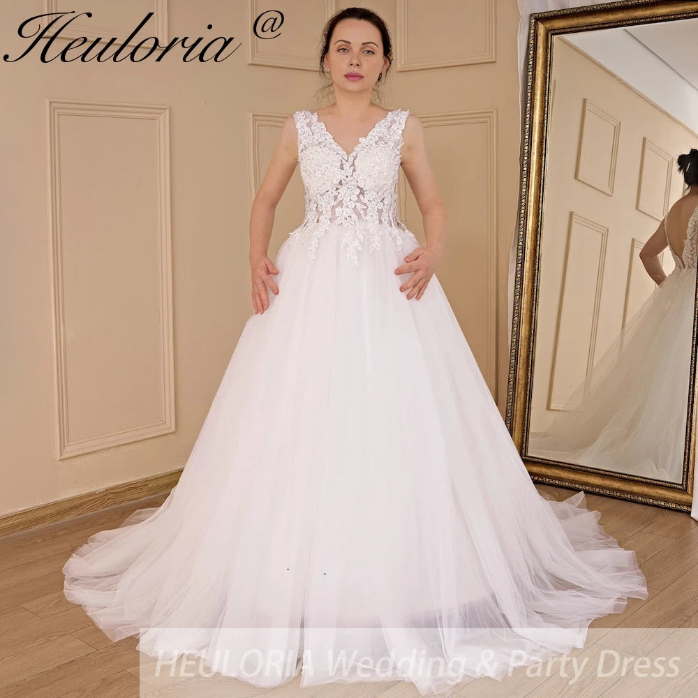 HEULORIA Women's lace beading V neck sleeveless wedding dress Robe De Mariee Wedding Bride Dress AL-688