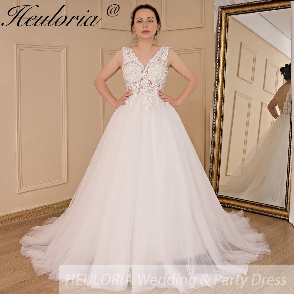 HEULORIA Women's lace beading V neck sleeveless wedding dress Robe De Mariee Wedding Bride Dress AL-688