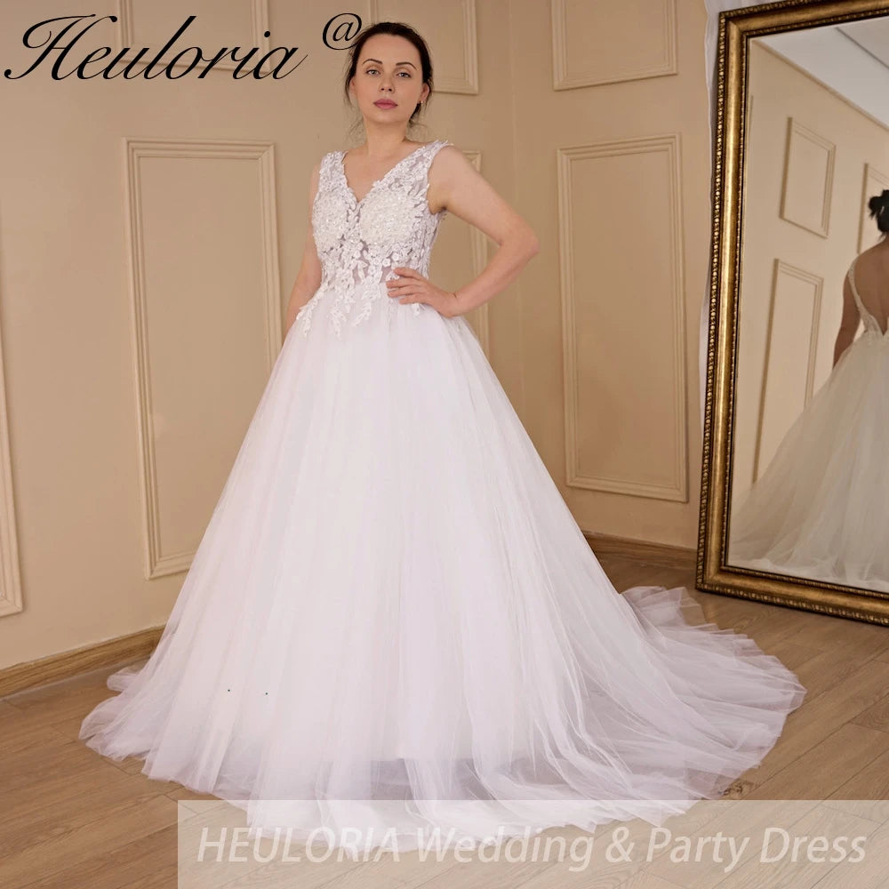 HEULORIA Women's lace beading V neck sleeveless wedding dress Robe De Mariee Wedding Bride Dress AL-688