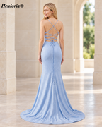 Heuloria Light Blue Cowl Neck Glitter Mermaid Prom Dress with High Slit ED-653