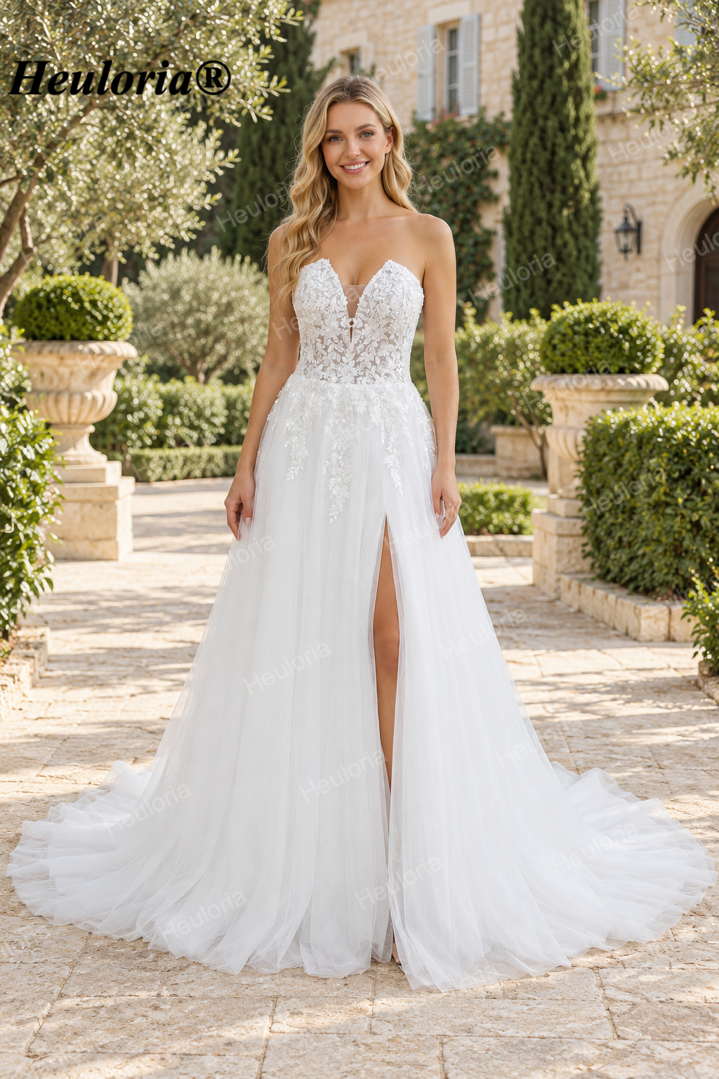 Strapless Sweetheart Lace Glitter A-Line Wedding Dress with Slit AL-1034 Imagen principal del producto