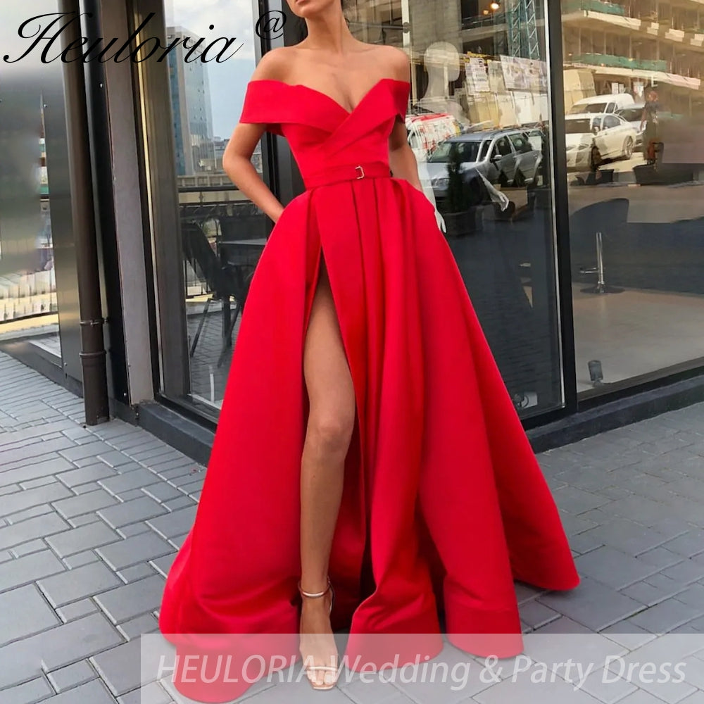 Off The Shoulder Satin Evening Dresses High Split Sexy With Pockets Lace Up Back Vintage Long Prom Dresses Wedding Party Gowns