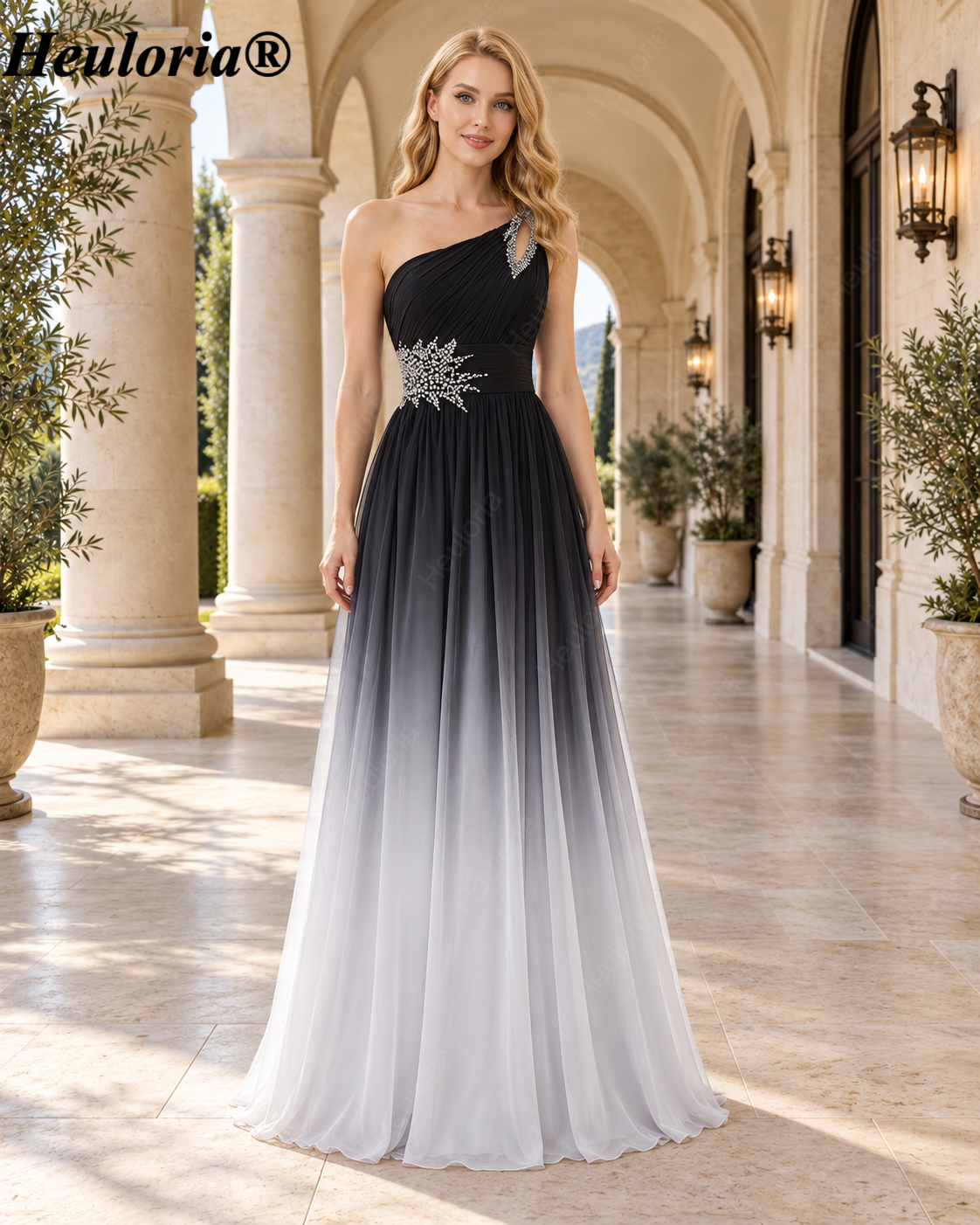 HEULORIA Beaded One-Shoulder Chiffon A-Line Evening Dress with Lace-Up Back – ED-7 Secondary image