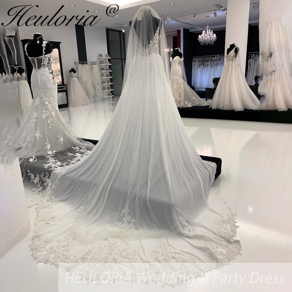 HEULORIA Chiffon Wedding Gowns Customized Open Back Bridal Boho Long Wedding Dresses Lace Appliques V neck Vestido Boda AL-929