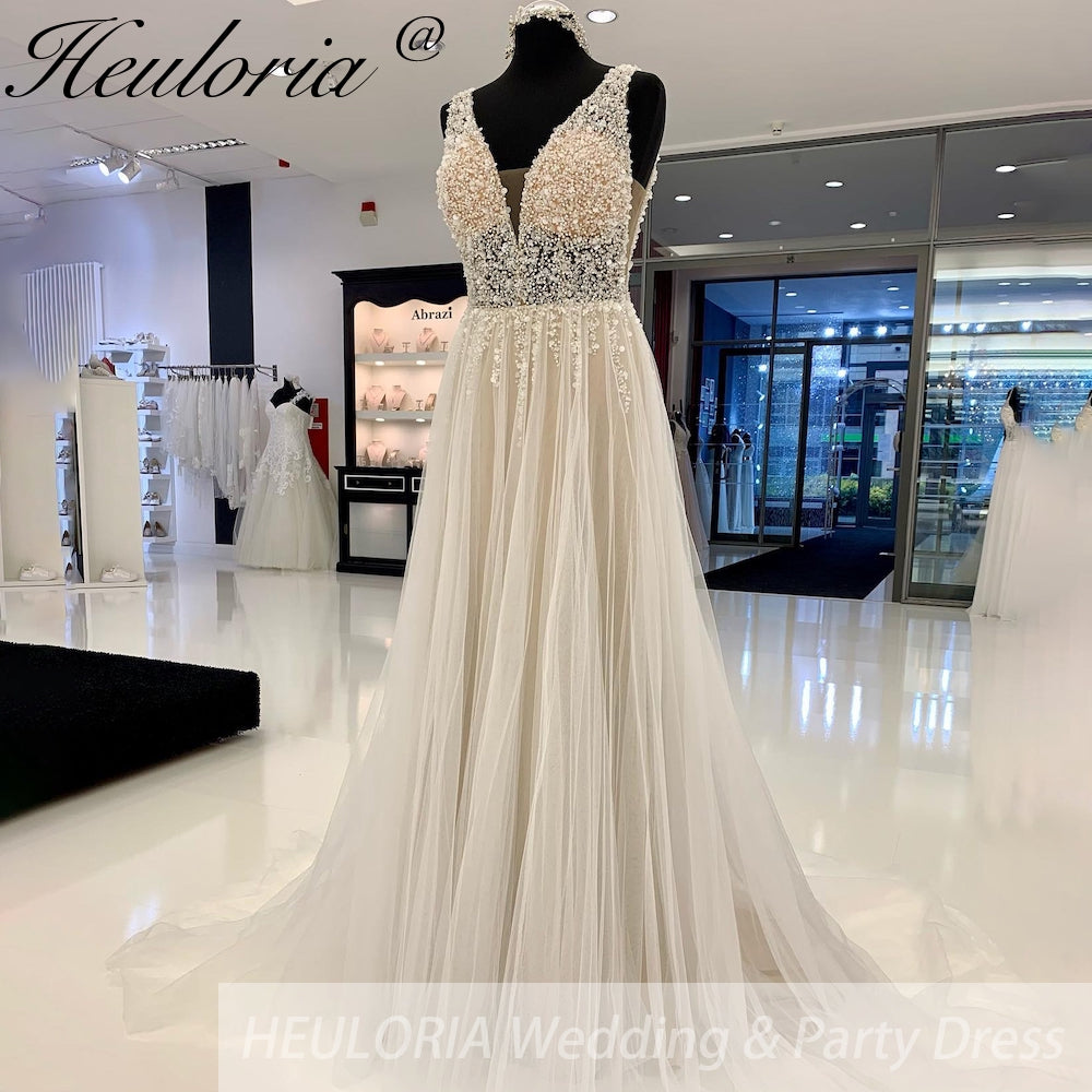 HEULORIA Sparkly beading lace A line Wedding dress Plunging V Neck Boho Bride Gowns Lace Up Back Customized AL-932