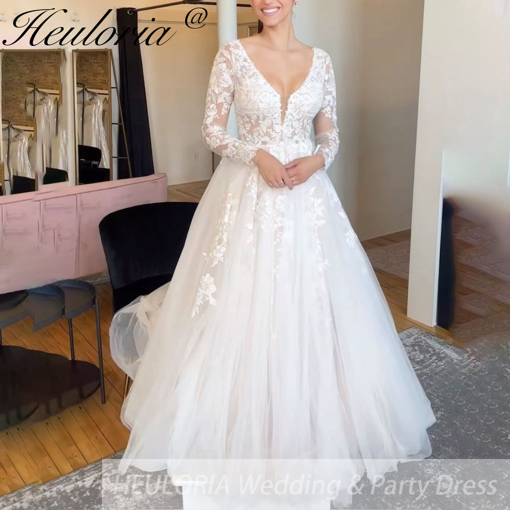 HEULORIA Boho Wedding Dress long sleeve V neck lace bride dress plus size robe de mariee  A line Wedding Bridal Gown AL-889