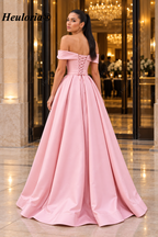 HEULORIA Blush Pink Off-the-Shoulder Belted Satin A-Line Evening Dress with High Slit – ED-25