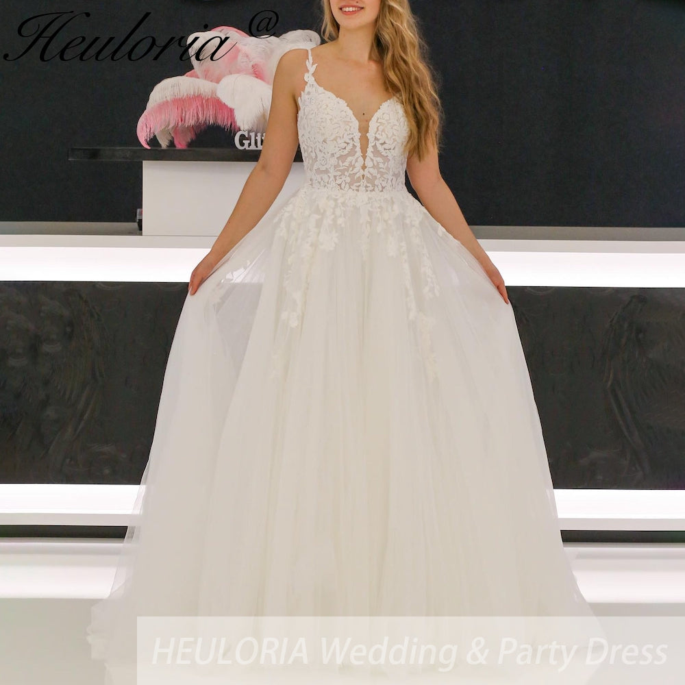 HEULORIA Spaghetti Straps A line lace Wedding dress for woman Vestidos Modest Church Bridal Dresses V Neck Beading Lace AL-931