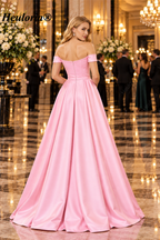 HEULORIA Champagne Off-Shoulder Pleated Satin Ball Gown Prom Dress with High Slit – ED-26