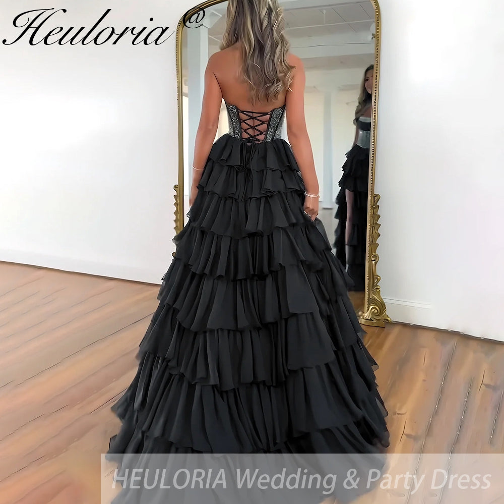 Sexy Strapless evening dress Chiffon Blue Tiered Ruffles with Slit Crystal A-Line Lace-upParty Gowns Customized