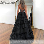 Sexy Strapless evening dress Chiffon Blue Tiered Ruffles with Slit Crystal A-Line Lace-upParty Gowns Customized