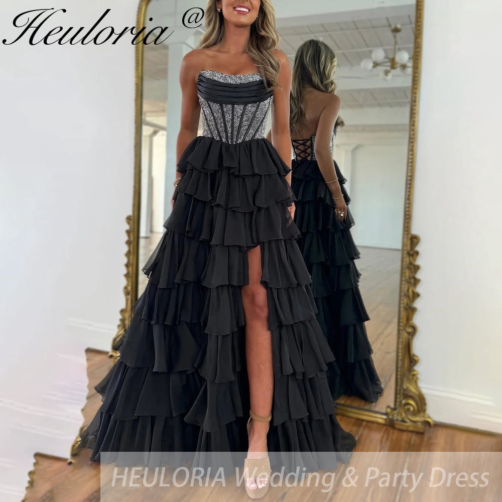 Sexy Strapless evening dress Chiffon Blue Tiered Ruffles with Slit Crystal A-Line Lace-upParty Gowns Customized