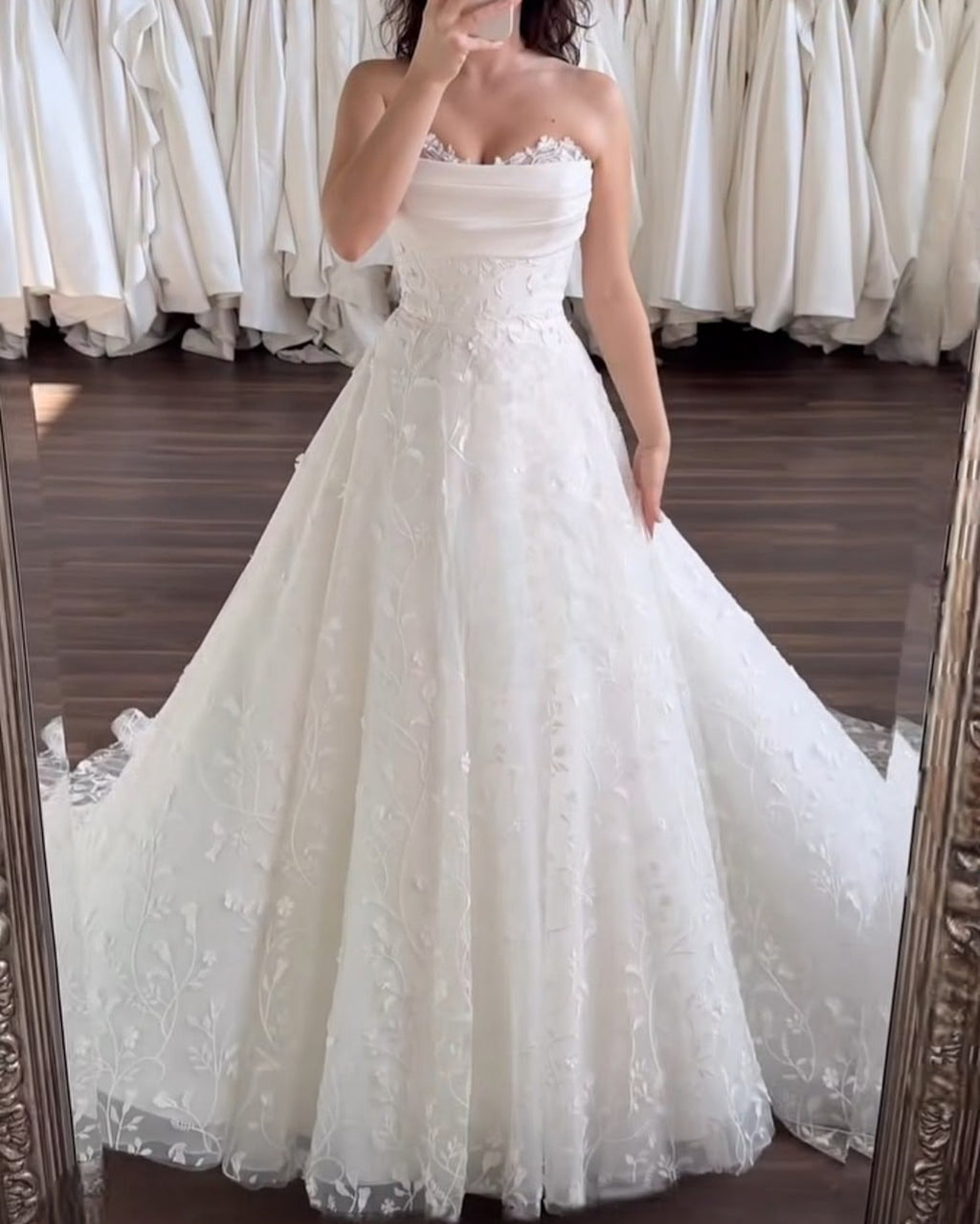 HEULORIA Floral Lace A-Line Wedding Dress with Draped Strapless Bodice BA-34