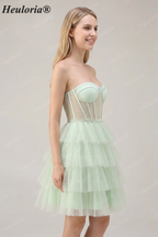 HEULORIA Light Green Sweetheart Corset Mini Dress - Tiered Tulle Strapless Homecoming Gown ED-330