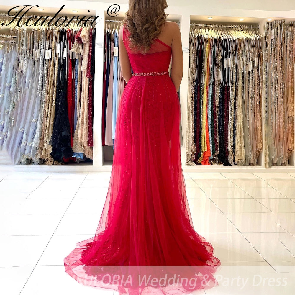 Customized Mermaid Prom Dress one shoulder lace Evening Dress Detachable Tulle Train Formal Party Gowns