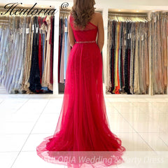 Customized Mermaid Prom Dress one shoulder lace Evening Dress Detachable Tulle Train Formal Party Gowns