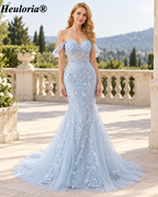 HEULORIA Sky Blue 3D Floral Mermaid Prom Dress with Detachable Off-Shoulder Straps ED-350