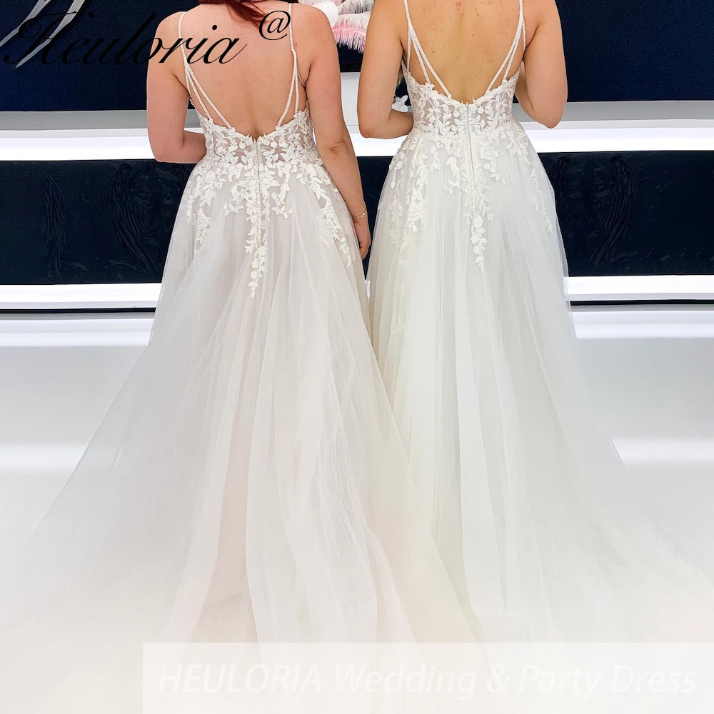 HEULORIA Spaghetti Straps A line lace Wedding dress for woman Vestidos Modest Church Bridal Dresses V Neck Beading Lace AL-931