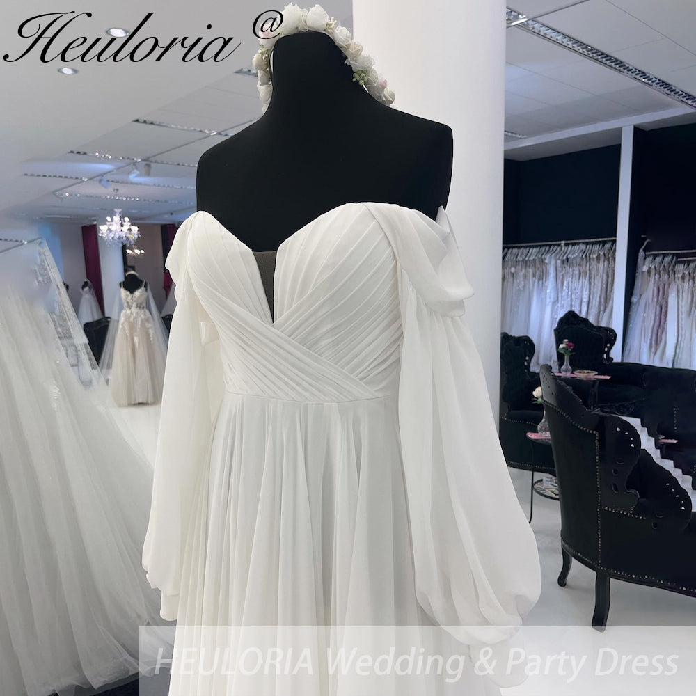 HEULORIA Off the Shoulder Chiffon Split Boho A Line Wedding Dress Long Puff Sleeve Appliques Beach Robe Vestido Civil AL-958