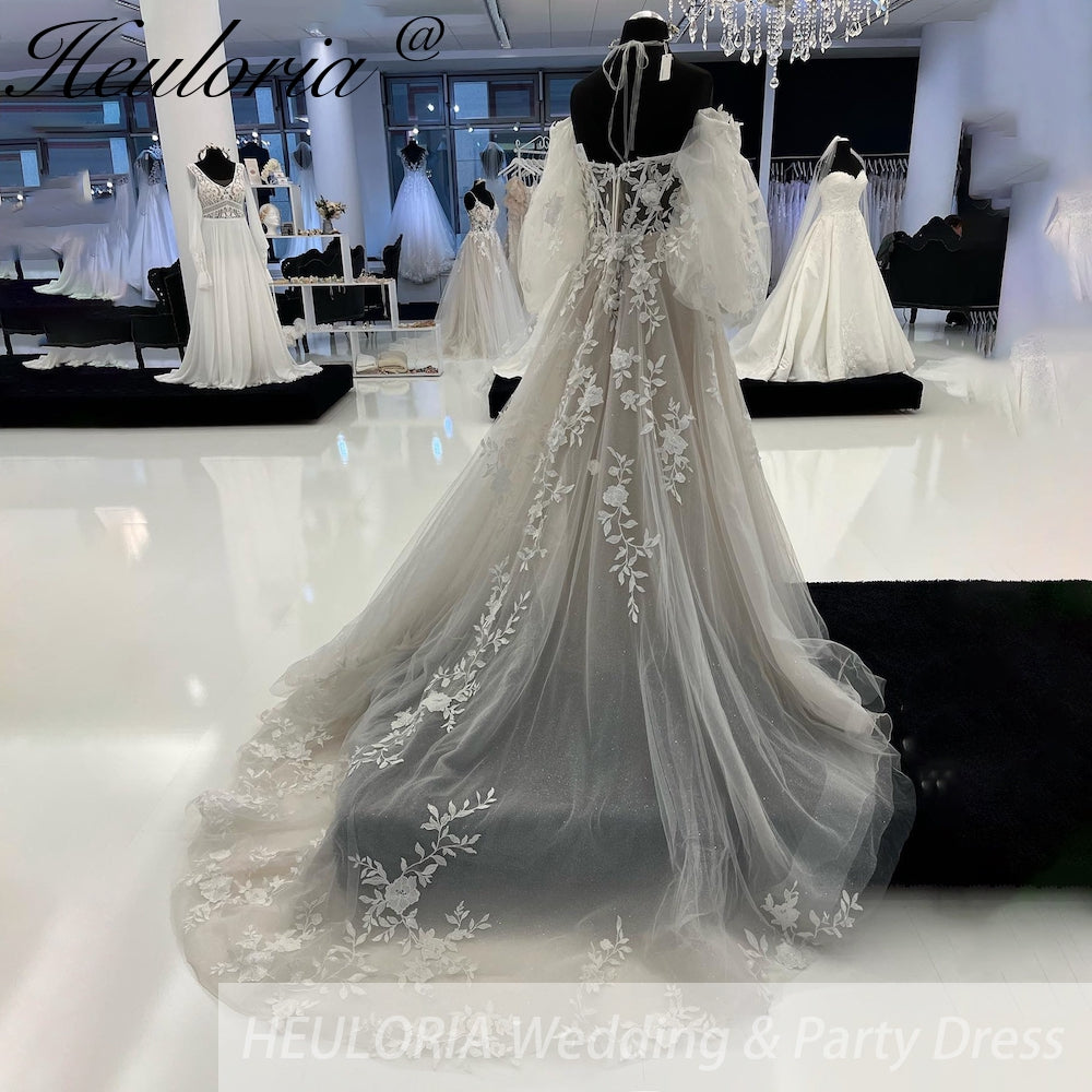 HEULORIA Sparkly Glitter A line Wedding Gowns Off Shoulder lace Bride Dresses puffy sleeve Robe De Soiree De Mariage AL-935
