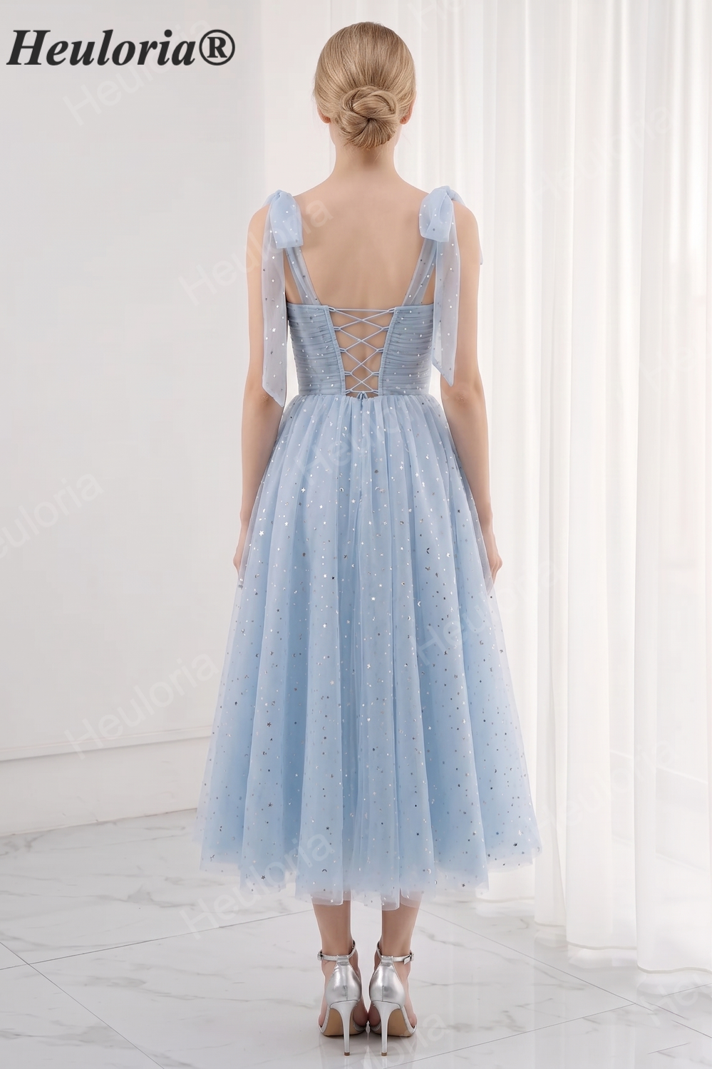 Dusty Blue Starry Tea Length Tulle Prom Dress with Lace-Up Back