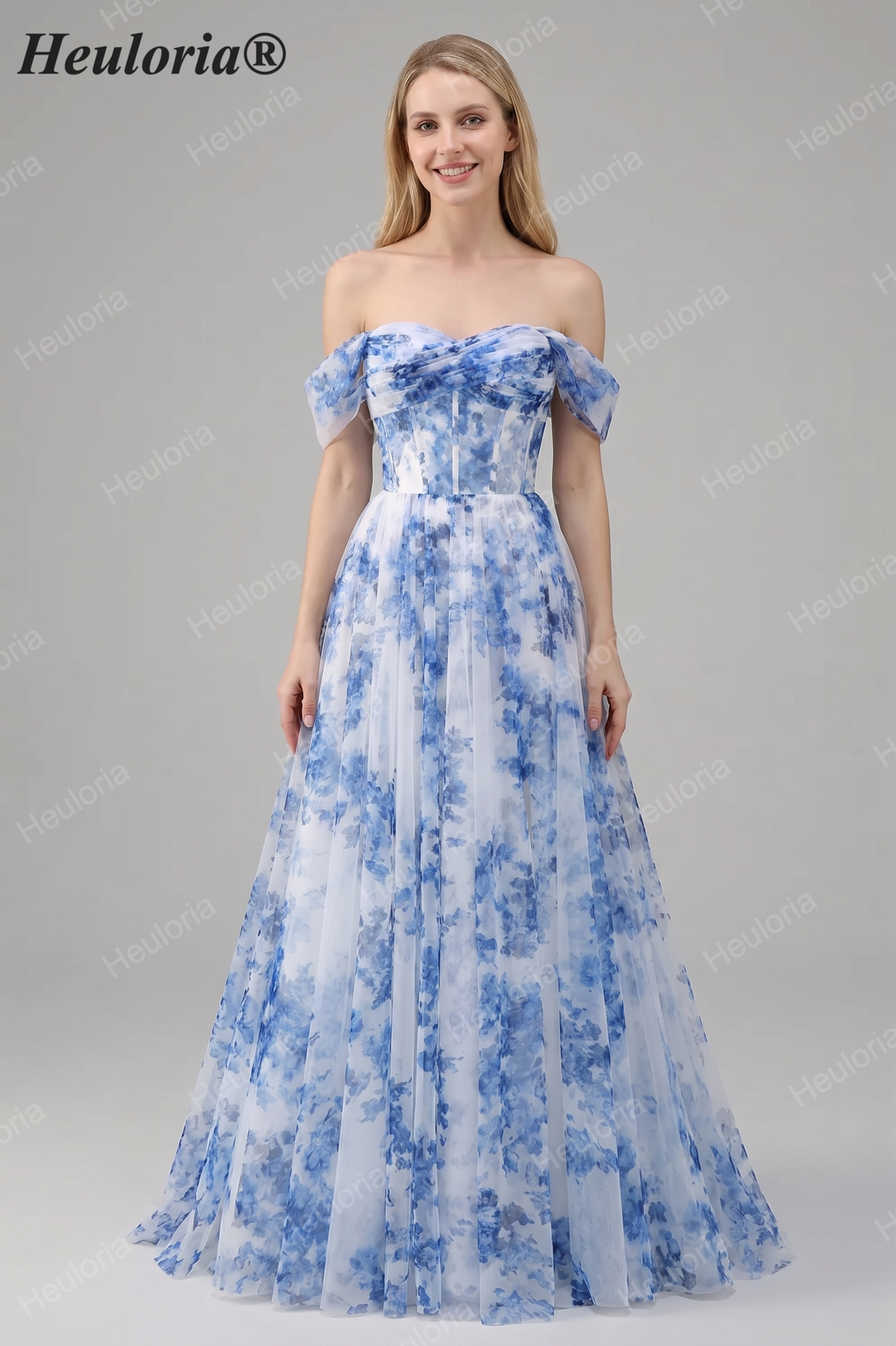 Heuloria Dreamy Blue Floral Strapless Tulle Prom Dress with High Slit and Corset Bodice ED-509