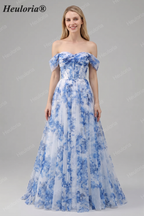 Heuloria Dreamy Blue Floral Strapless Tulle Prom Dress with High Slit and Corset Bodice ED-509