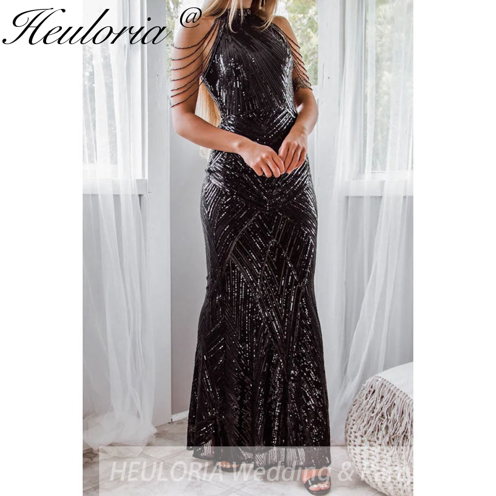 sparky sequin mermaid evening dress halter with beading tassel formal prom dress