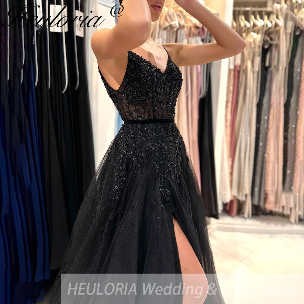 Customized Elegant A-Line Sexy Black Side Split Prom Dress Spaghetti Shoulder Strap Decal Beaded Ruffle Party Evening Dress 2025