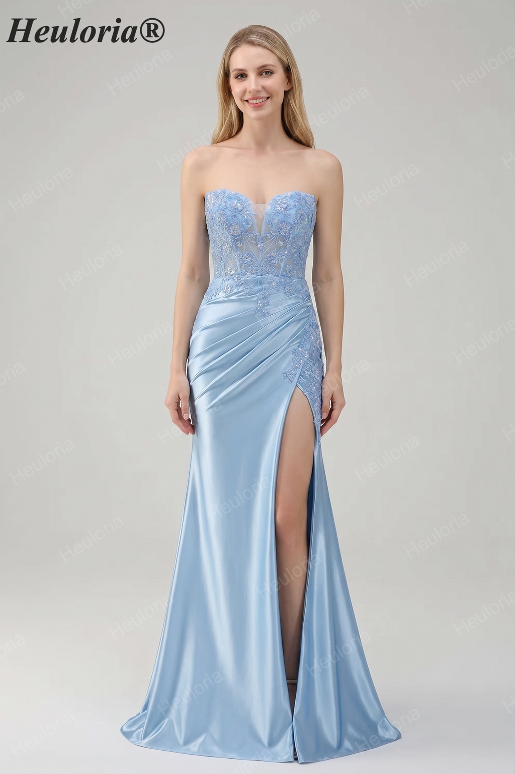 HEULORIA Elegant Light Blue Strapless Satin Prom Dress with Lace Appliques and High Slit ED-358