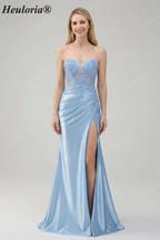 HEULORIA Elegant Light Blue Strapless Satin Prom Dress with Lace Appliques and High Slit ED-358