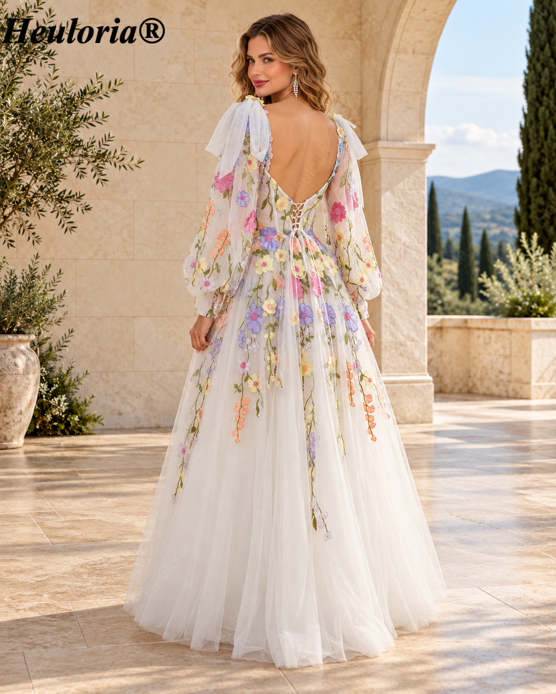 HEULORIA Multicolor Floral Embroidered Tulle A-Line Prom Dress with Bishop Sleeves and Lace-Up Back ED-666 Immagine secondaria del prodotto