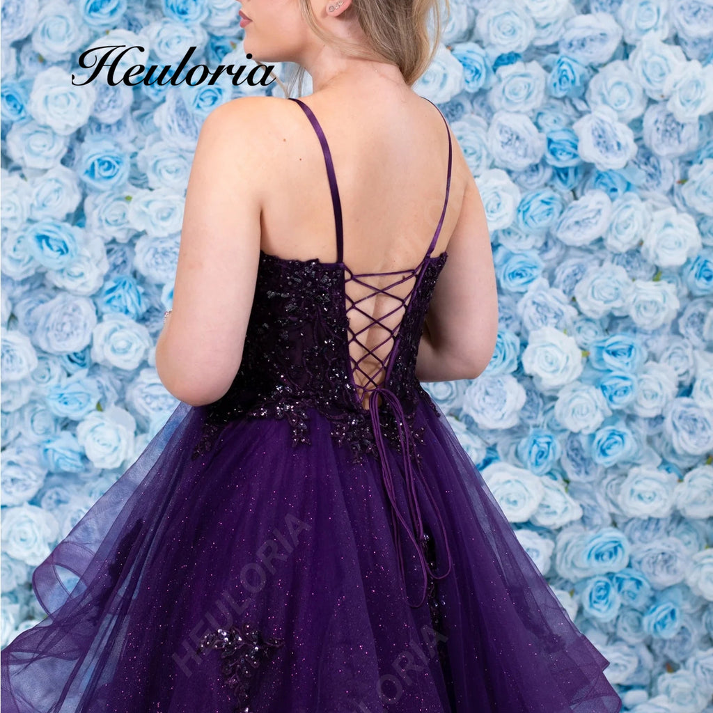 HEULORIA Sparkling Glitter Tiered Tulle Prom Dress - Plunging V-Neck & Lace-Up Corset Back ED-409