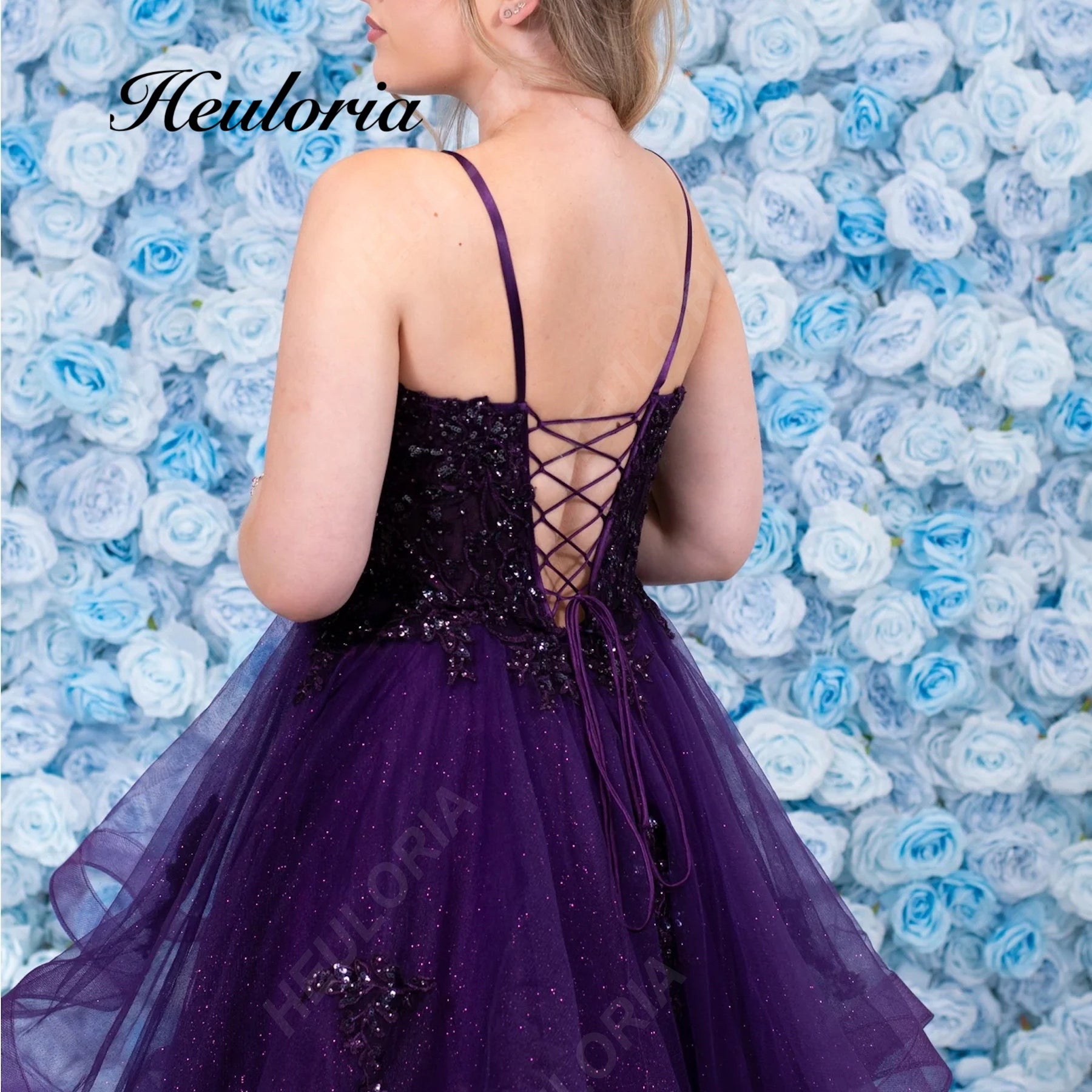 HEULORIA Sparkling Glitter Tiered Tulle Prom Dress - Plunging V-Neck & Lace-Up Corset Back ED-409