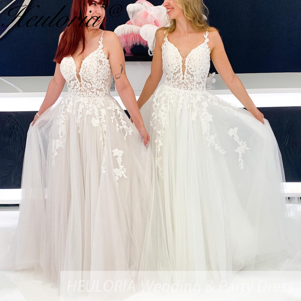 HEULORIA Spaghetti Straps A line lace Wedding dress for woman Vestidos Modest Church Bridal Dresses V Neck Beading Lace AL-931 Main image