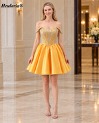 HEULORIA Sparkly Rhinestone Corset Satin Mini Dress with Off Shoulder and Lace Up Back ED-596