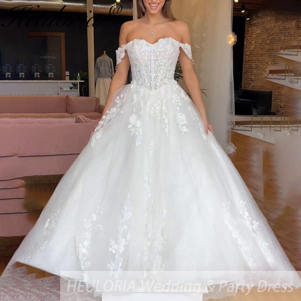 HEULORIA elegant A line wedding dress off shoulder Sparkly Glitter tulle lace bridal dress plus size robe de mariee A line Wedding Bridal Gown AL-962