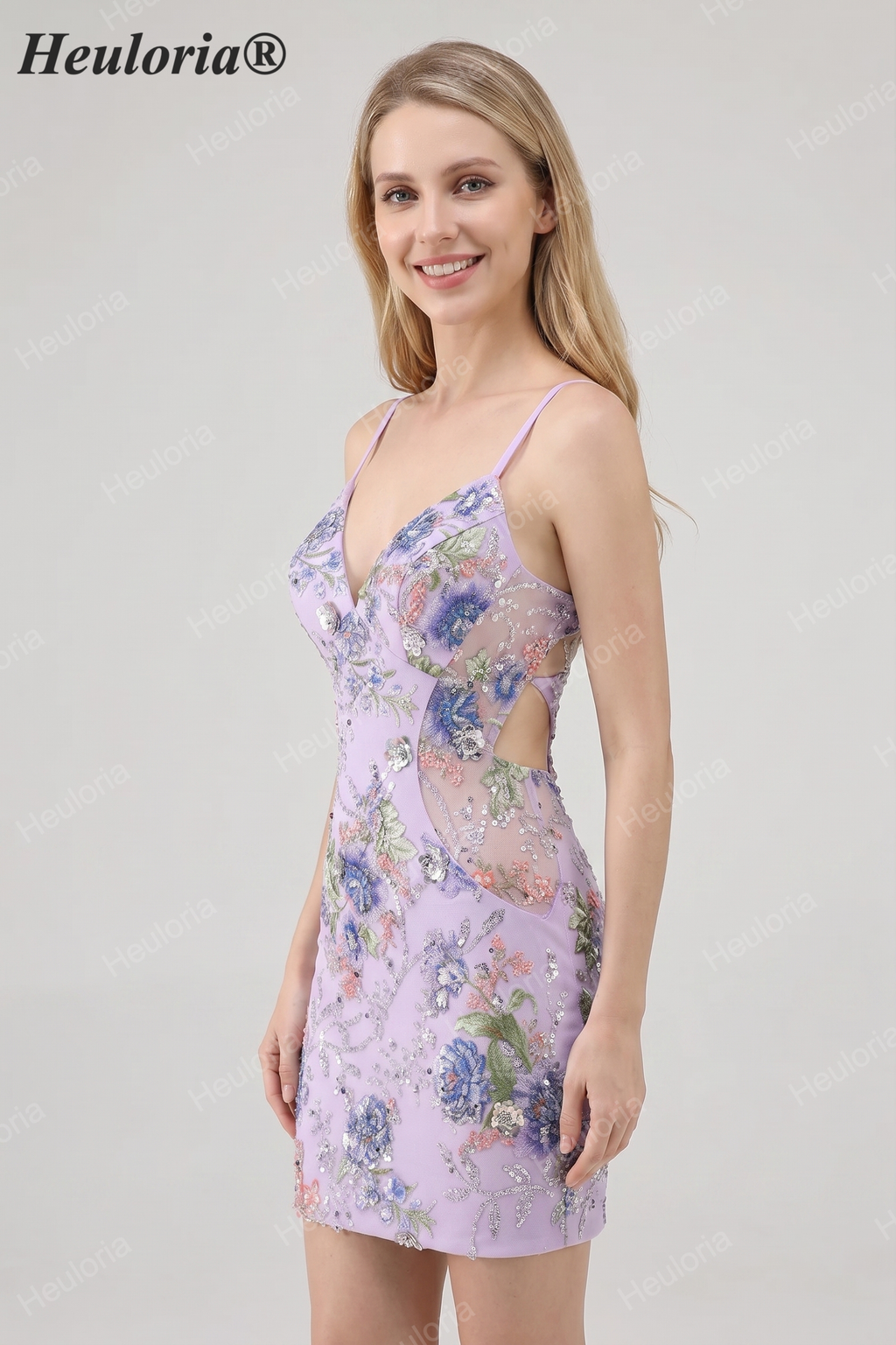HEULORIA Floral Embroidered Sequin Bodycon Mini Dress with Sheer Mesh Cut-outs and Lace-Up Back ED-597