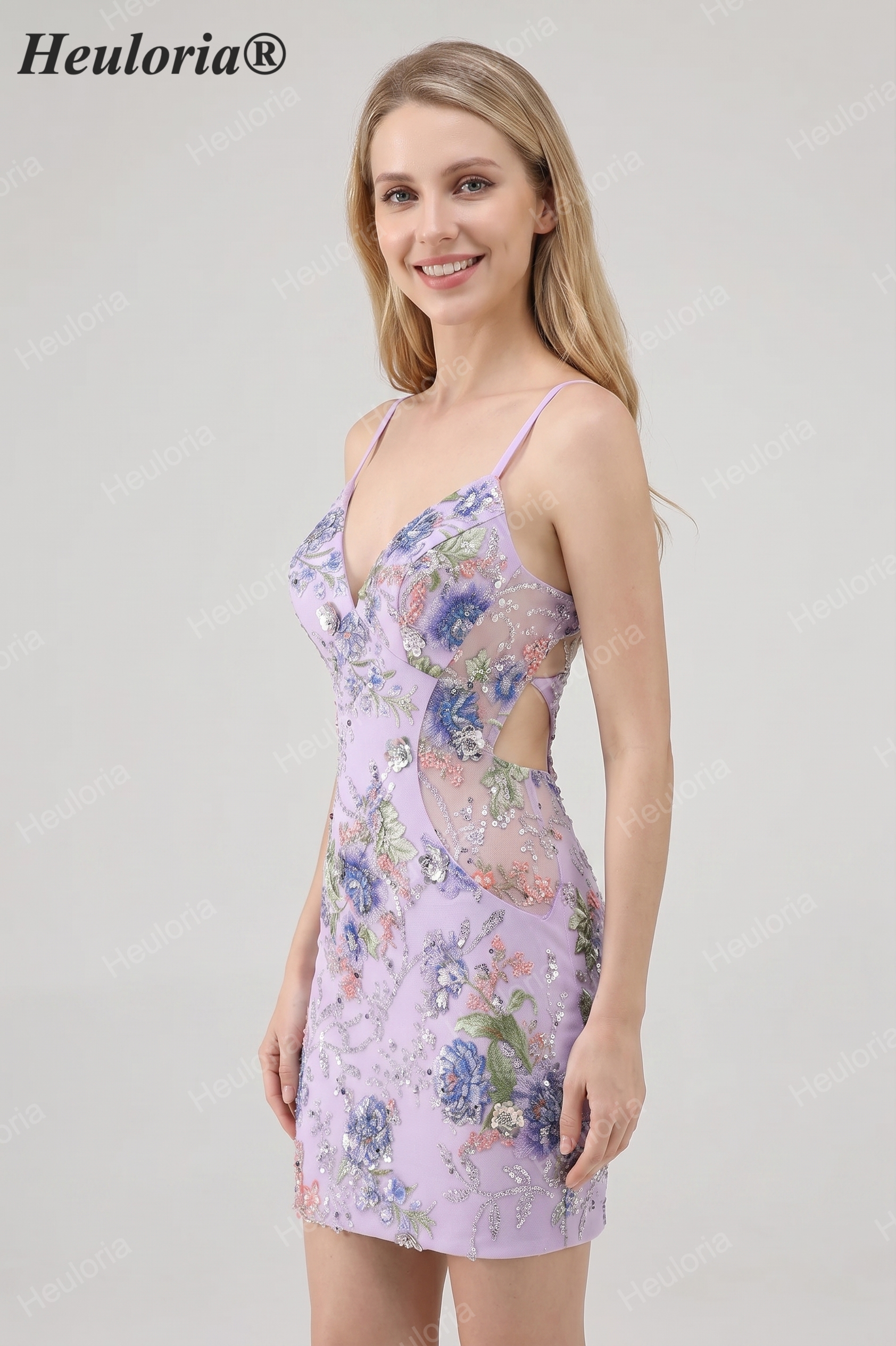 HEULORIA Floral Embroidered Sequin Bodycon Mini Dress with Sheer Mesh Cut-outs and Lace-Up Back ED-597