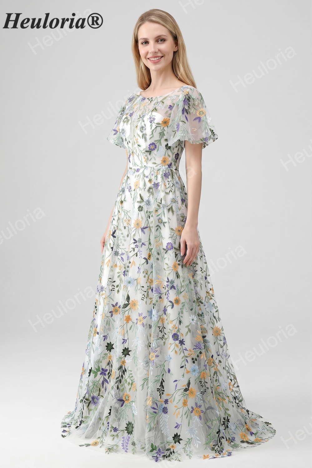 HEULORIA Enchanting Floral Embroidery Flutter Sleeve A-Line Evening Gown - Illusion Mesh Formal Dress ED-684